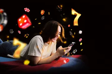 A stylish woman beside vibrant slot machines displaying glowing sevens, showcasing the variety of top slots at 5666BDTT.